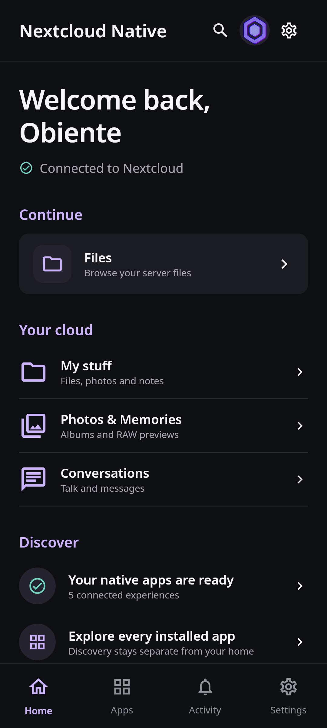 Nextcloud Native mobile home rendered by the real Compose application with synthetic data